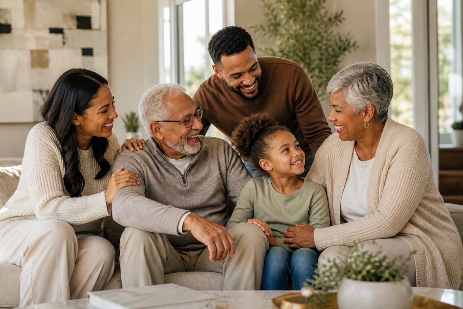 Warm multigenerational family seated together in an upscale home