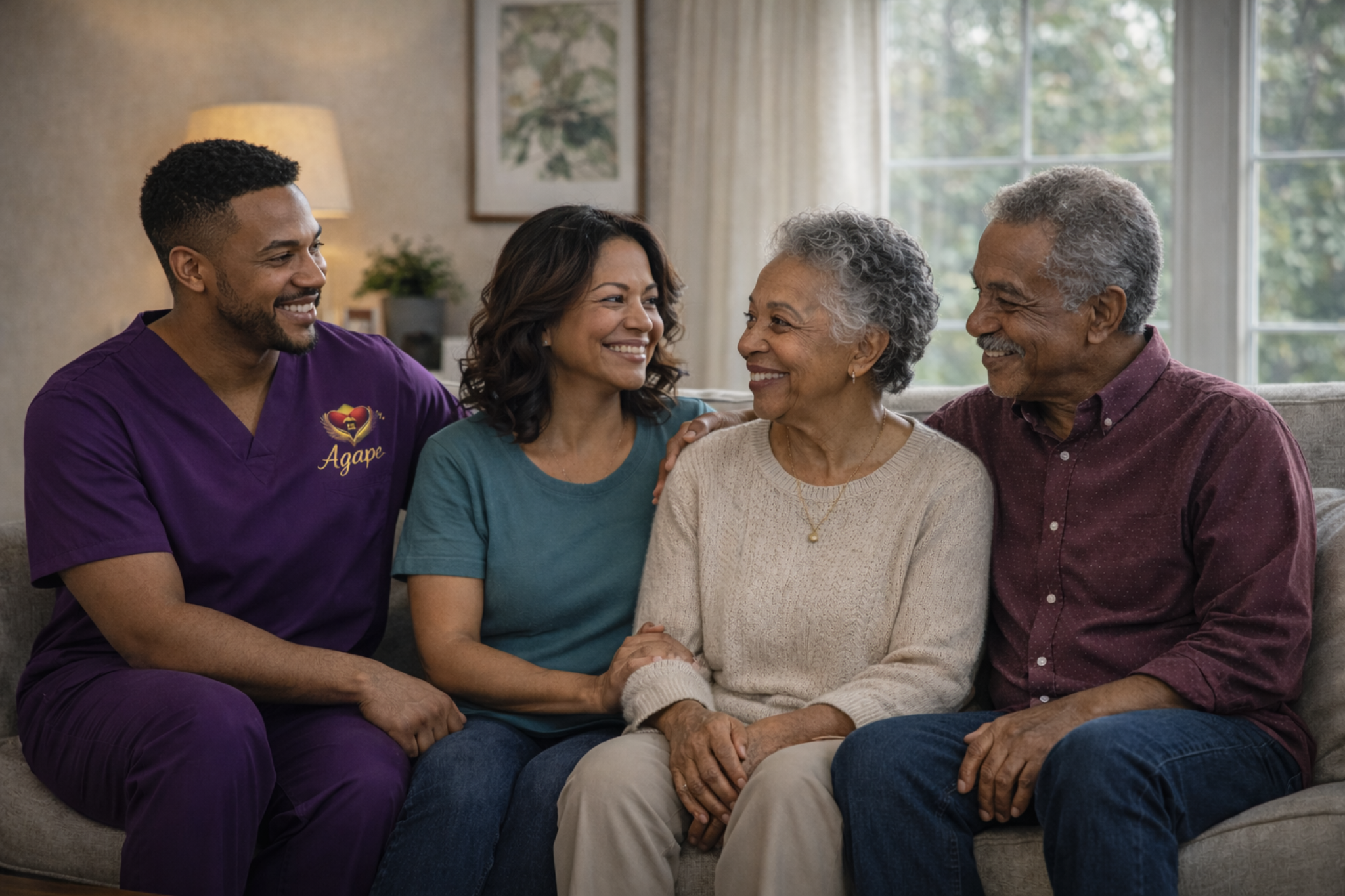 Agape caregiver seated with a multigenerational family at home