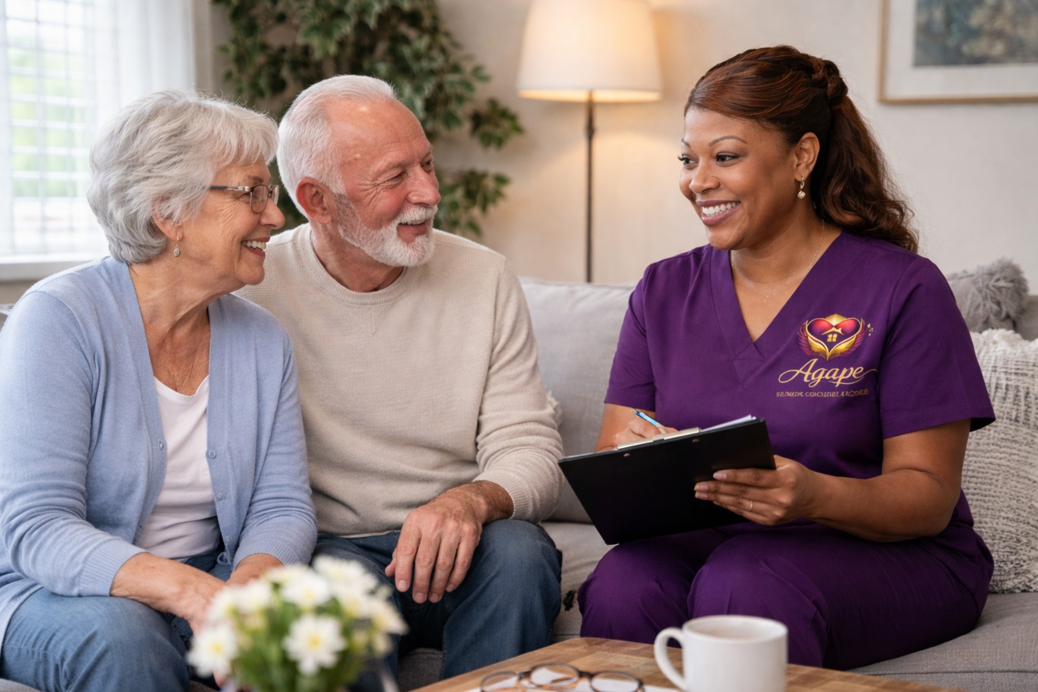 Agape care consultation with a couple at home